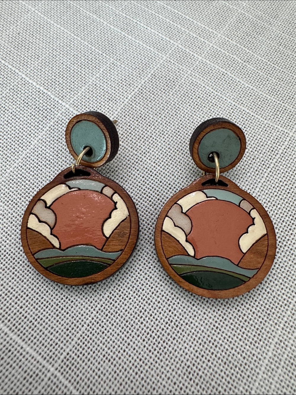 Wooden Mountain Sunset Drop Earrings, Earth tones, Terracotta, Cream, Green